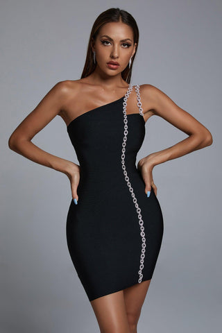 Mimia One Shoulder Chain Mini Cocktail Dress (XS / Black)