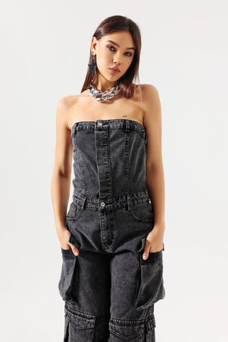 Minon Tube Denim Jumpsuit (M / Grey)