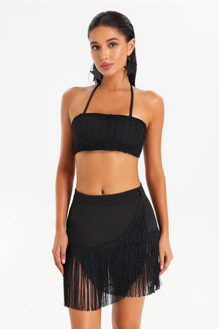 Miyasa Halter Fringe Bikini Set (L / Black)