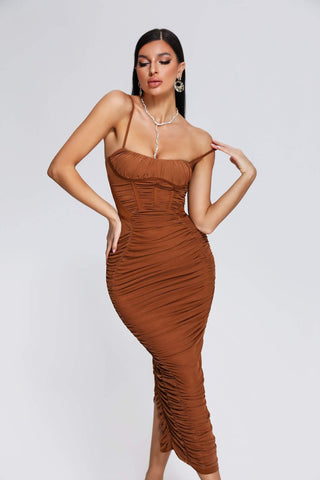 Mocano Ruched Midi Dress (L / Brown)