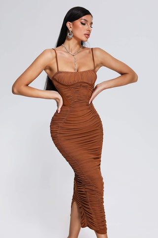 Mocano Ruched Midi Dress (M / Brown)