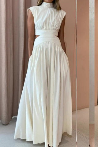 Mock Neck Cut Out Pleated Maxi Dress (M / WHITE)