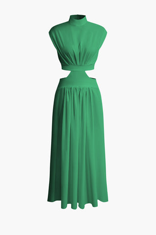 Mock Neck Cut Out Pleated Maxi Dress (XL / GREEN)