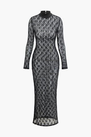 Mock Neck Lace Long Sleeve Maxi Dress (M / BLACK)