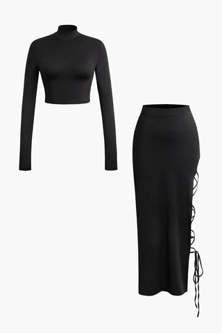 Mock Neck Long Sleeve Top And Tie Split High Waist Skirt Set (M / BLACK)