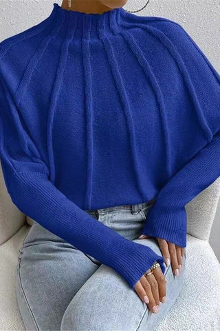 Mock Neck Textured Batwing Sleeve Sweater (S / BLUE)