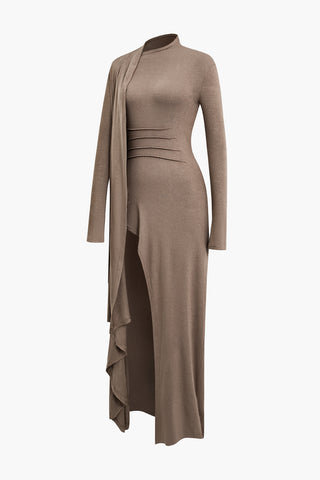 Mock Neck Wrap Ruched Long Sleeve Slit Maxi Dress (L / COFFEE)