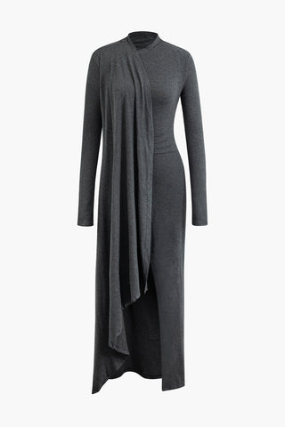 Mock Neck Wrap Ruched Long Sleeve Slit Maxi Dress (S / GRAY)