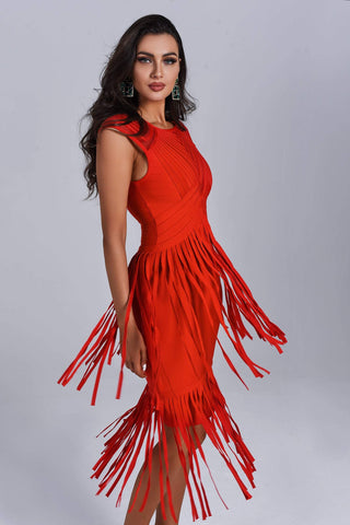 Monique Fringe  Midi Bandage Dress (L / Red)