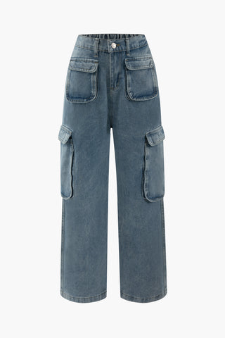 Multi-pocket Cargo Wide Leg Jeans (XXL / LIGHT WASH BLUE)