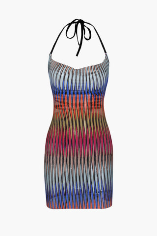 Multicolored Sheer Halter Draped Mini Dress (L / MULTICOLOR)