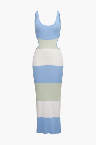 Multicolored Stripe Knitted Backless Maxi Dress (M / BABY BLUE)