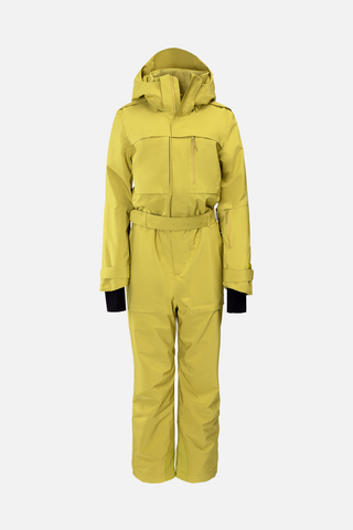 a yellow snow suit on a white background