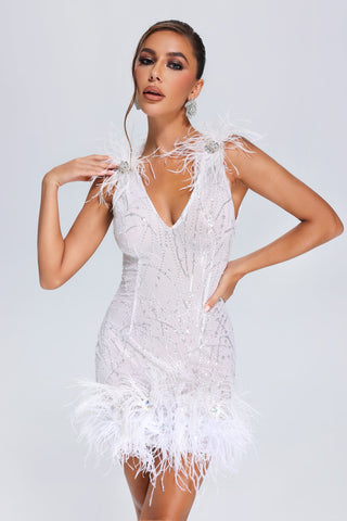 Nasim Feather Sequin Mini Dress (S / White)