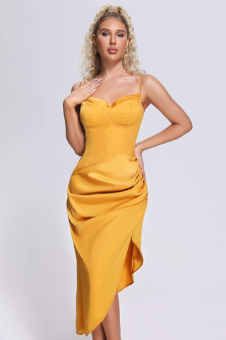 Naya Satin Ruched Midi Dress (M / Yellow)