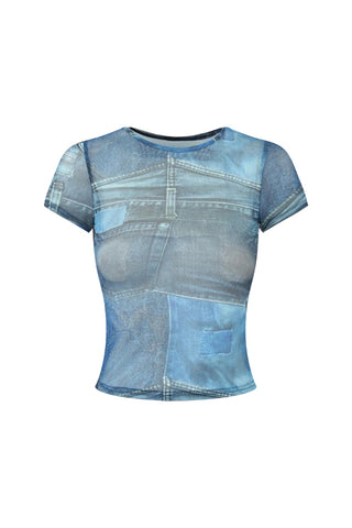 Newspaper Pattern Mesh T-shirt (L / DARK WASH BLUE)