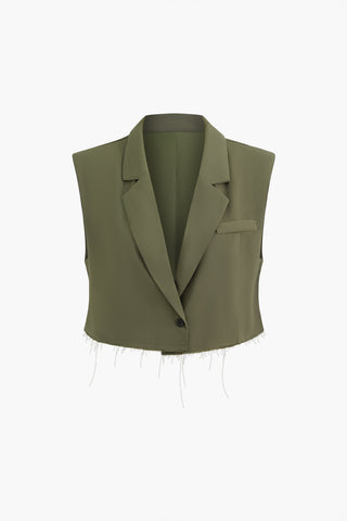 Notched Lapel Frayed Hem Vest (S / OLIVE)