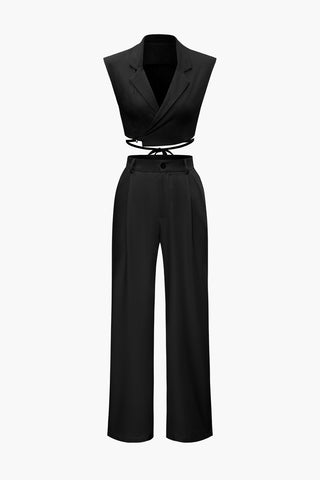 Notched Lapel Tie Back Vest And Straight Leg Suit Pants Set (S / BLACK)