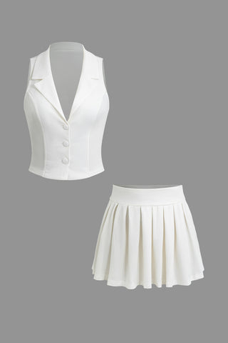 Notched Lapel Vest And Pleated Mini Skirt Set (S / WHITE)