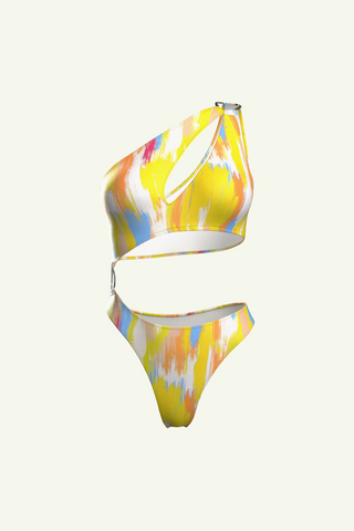 a woman ' s bikini with a colorful print on it