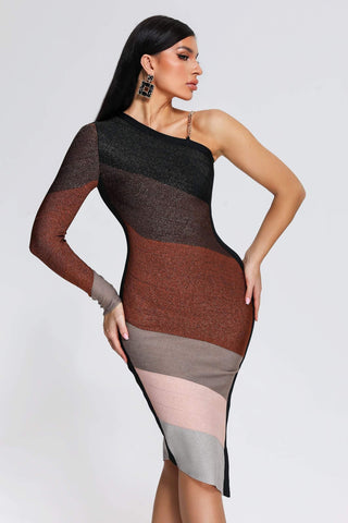 Novah One Shoulder Midi Bandage Dress (M / Brown)