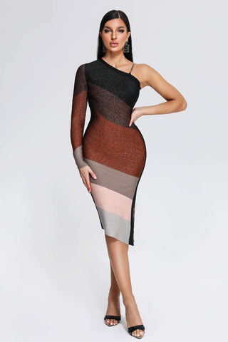 Novah One Shoulder Midi Bandage Dress (S / Brown)