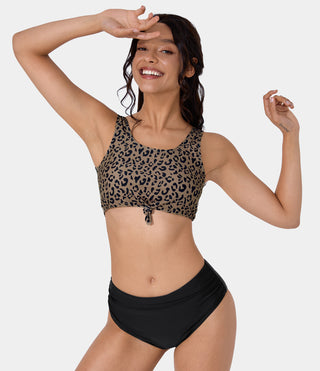 Scoop Neck Leopard Print Tie Up Bikini Top