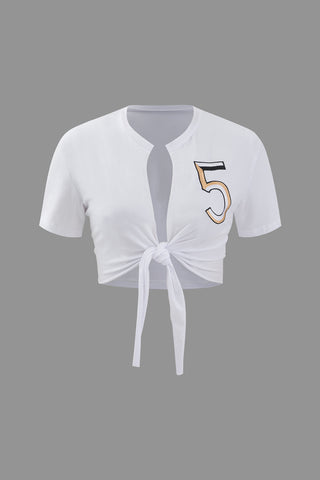 Number 5 Embroidered Knot Hem T-shirt (M / WHITE)