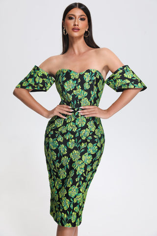 Ocani Jacquard Off Shoulder Midi Dress (S / Green)