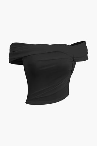 Off Shoulder Asymmetric Short Sleeve Blouse (L / BLACK)