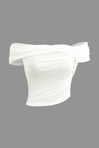 Off Shoulder Asymmetric Short Sleeve Blouse (L / WHITE)