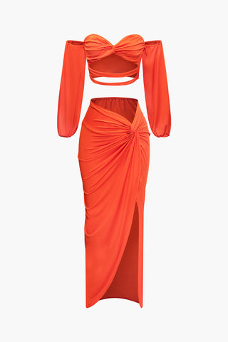 Off Shoulder Cut Out Long Sleeve Top And Twist Slit Maxi Skirt Set (S / ORANGE)