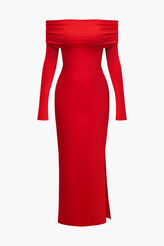 Off-Shoulder Long Sleeve Slit Maxi Dress (L / RED)