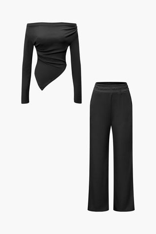 Off Shoulder Ruched Asymmetric Top And Straight Leg Pants Set (M / BLACK)