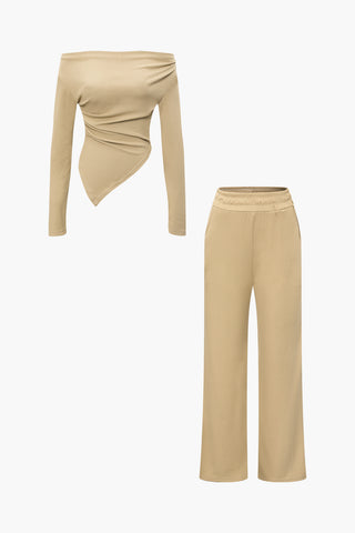 Off Shoulder Ruched Asymmetric Top And Straight Leg Pants Set (M / KHAKI)