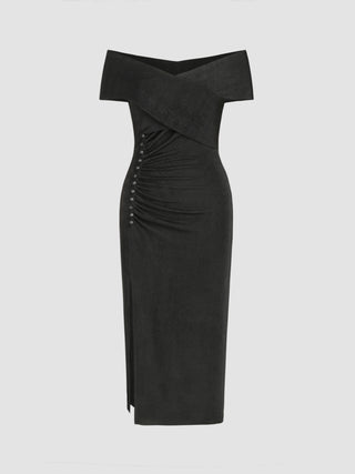 Off-shoulder Ruched Split Midi Dress