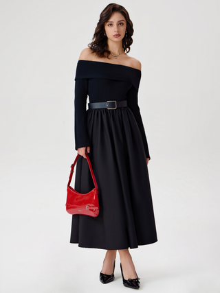 Off-shoulder Solid Belted Maxi Dress