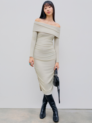 Off-shoulder Solid Ruched Midi Dress