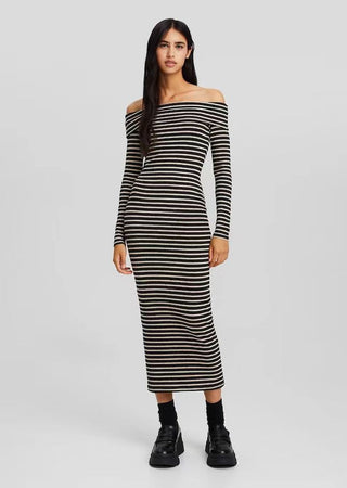 Off-shoulder Stripe Midi Dress