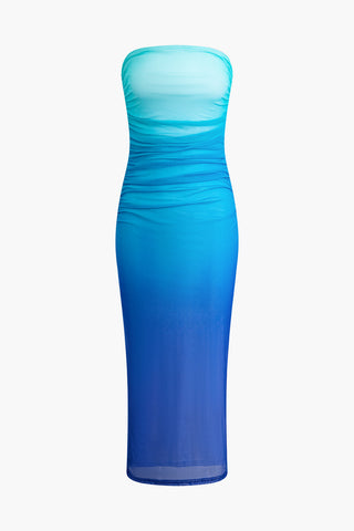 Ombre Mesh Slit Ruched Strapless Midi Dress (M / MULTICOLOR)