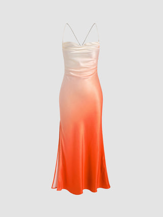 Ombre Satin Cowl Neck Backless Slit Midi Dress