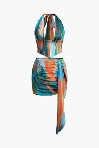 Ombre Tie Halter Tank Top And Mini Skirt Set (L / MULTICOLOR)