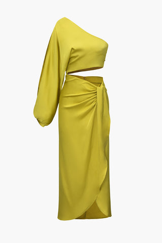 One Shoulder Cut Out Ruched Satin Midi Dress (M / YELLOW)