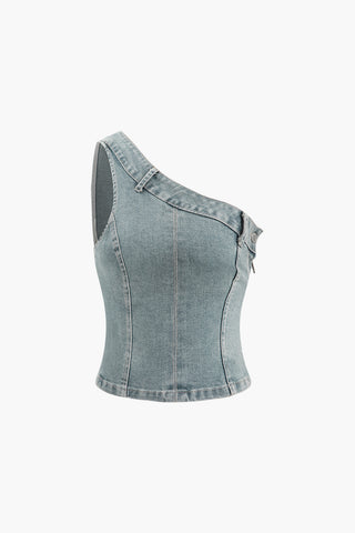 One Shoulder Denim Tank Top (M / LIGHT WASH BLUE)