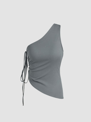 One Shoulder Drawstring Top (M / Grey)