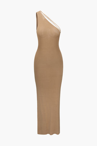 One Shoulder Knit Side Slit Maxi Dress (M / TAN)