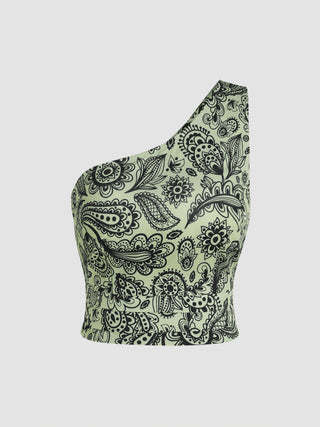 One Shoulder Paisley Crop Top