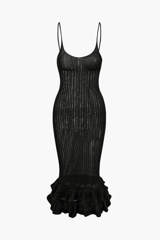 Open Knit Ruffle Hem Cami Midi Dress (L / BLACK)