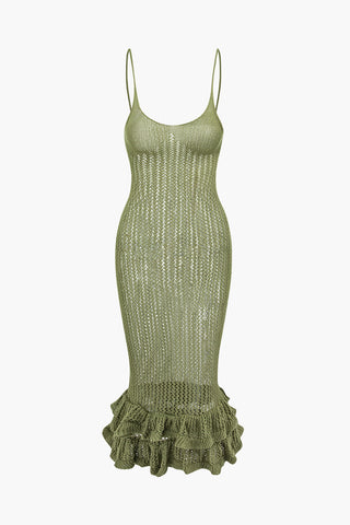 Open Knit Ruffle Hem Cami Midi Dress (S / GREEN)