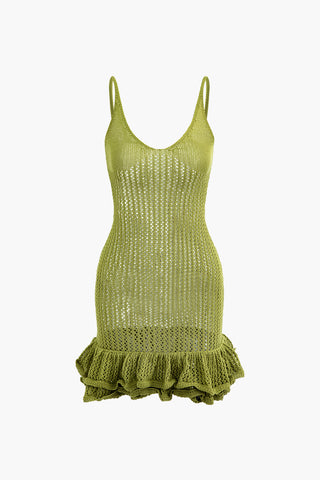 Open Knit Ruffle Hem Cami Mini Dress (L / GREEN)